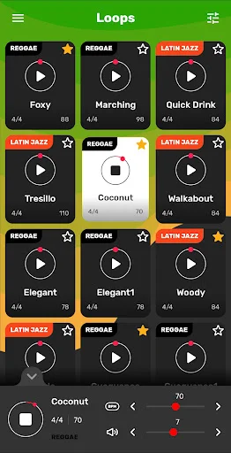 Drum Loops Reggae player interface with Coconut loop selected, displaying playback controls, volume adjustment, BPM display, and navigation arrows for loop browsing