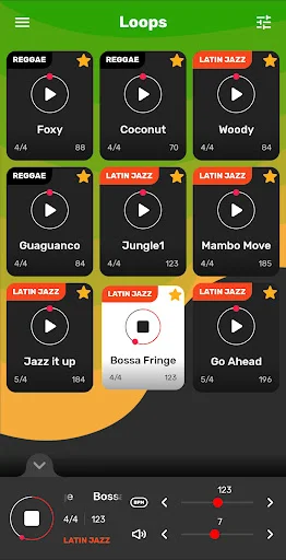 Reggae drum loops grid interface featuring Bossa Fringe loop with expanded player controls, showing loop duration, BPM, genre tags, and playback navigation options