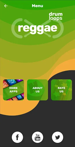 Drum Loops Reggae menu screen displaying app branding, with buttons for More Apps, About Us, Rate Us, and social media links to Facebook, YouTube, and Twitter
