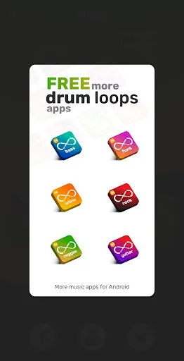 Promotional overlay for Free More Drum Loops Apps showing six colorful music production app icons in grid format for Android music making tools