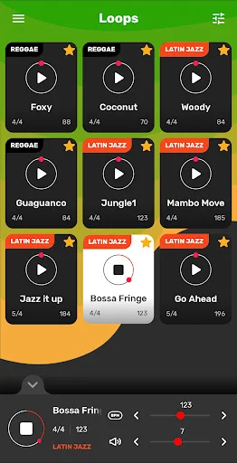 Drum Loops Reggae playback interface with Bossa Fringe Latin Jazz loop selected, showing player controls, volume slider, BPM information, and loop navigation