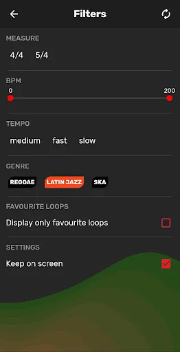 Drum Loops Reggae filters menu with customizable options including measure selection, BPM range slider 0-200, tempo speed controls, genre filtering, and settings