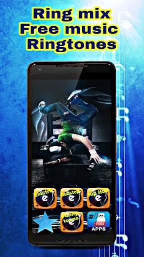 Ringtone player showing action image preview with emoji-style category buttons for music and audio ringtone selections
