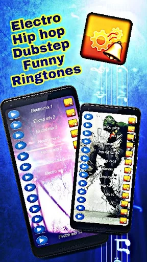 Two phones displaying electro, hip hop, dubstep, and funny music ringtone categories with selection buttons and icons