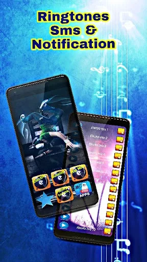 Dual phone display for ringtones, SMS, and notification sounds with category buttons and audio preview selection interface