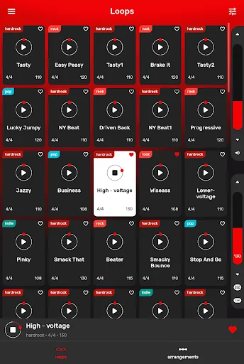 Grid of rock drum loops with play buttons, BPM, and genre tags for guitar backing tracks