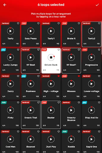 6 selected drum loops highlighted in grid interface for creating custom drum arrangements