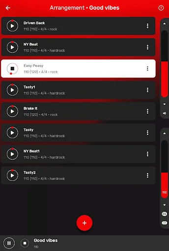 Arrangement editor showing queued drum loops ready to play as combined backing track
