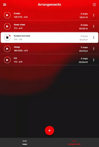 Saved drum arrangements list displaying loop count and duration for each composition