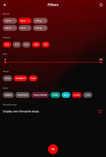 Filter options for drum loops by tempo, genre, time signature, BPM, and favorites