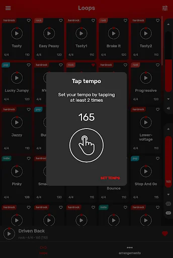 Tap tempo dialog overlay with 165 BPM counter for setting custom drum beat speed