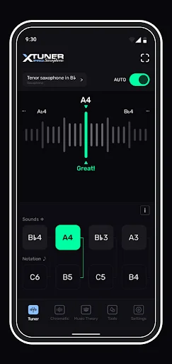 Chromatic saxophone tuner interface showing A# note with real-time waveform feedback and 'Great!' accuracy indicator