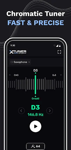 Chromatic tuner displaying D3 note at 146.8 Hz frequency with green indicator showing perfect pitch accuracy