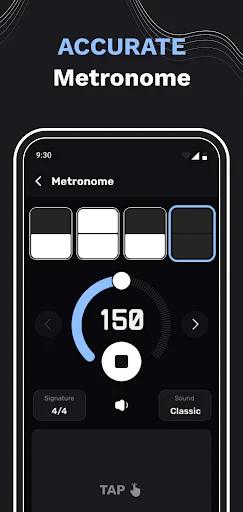 Metronome feature set to 150 BPM in 4/4 time signature with Classic sound selected and TAP to start
