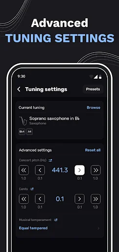 Advanced tuning settings screen for Soprano saxophone in B♭ with pitch and cents fine-tuning adjustment controls