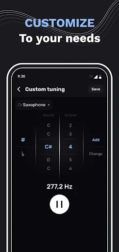 Custom tuning interface with note grid for Soprano saxophone displaying 277.2 Hz frequency with pause control
