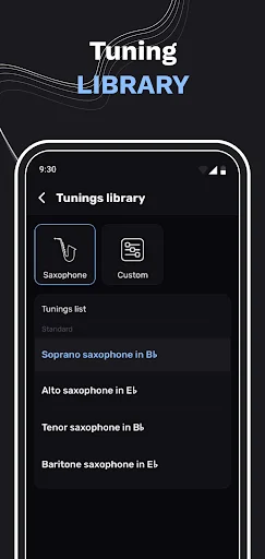 Tuning library showing preset saxophones: Soprano in B♭, Alto in E♭, Tenor in B♭, and Baritone in E♭