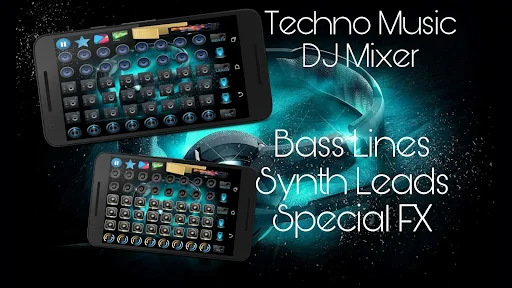 Techno Music DJ Mixer app interface showing beat maker pad with bass lines, synth leads and special FX controls