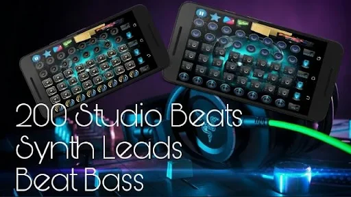 Techno beat maker with 200 studio beats, synth leads and bass controls displayed on dual tablet interface
