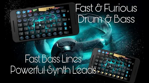Fast & Furious drum and bass maker showing powerful synth leads and bass lines on techno music production app