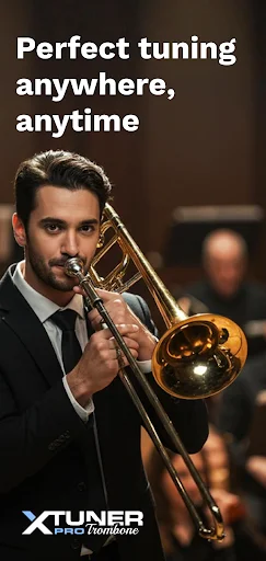 Promotional image: Male musician in formal attire playing golden trombone with 'Perfect tuning anywhere, anytime' text