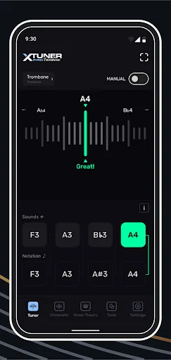 Main tuner interface showing A4 note on waveform display with 'Great!' feedback and note selection buttons F3, A3, B♭3, A4