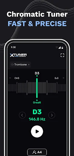 Chromatic tuner showing D3 note at 146.8 Hz with waveform display, play button, and A4 reference for precise tuning