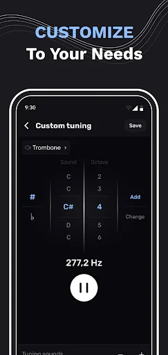 Custom tuning editor displaying musical notes C through D with frequency at 277.2 Hz and Add/Change buttons