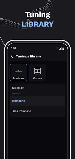 Tuning library menu showing Trombone and Custom preset categories with Tunings list including Trombone and Bass Trombone