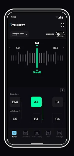 Chromatic tuner interface displaying A4 note with green waveform indicator and note selection grid below