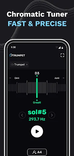 Chromatic tuner showing SOL#5 note at 293.7 Hz with real-time waveform visualization and play button