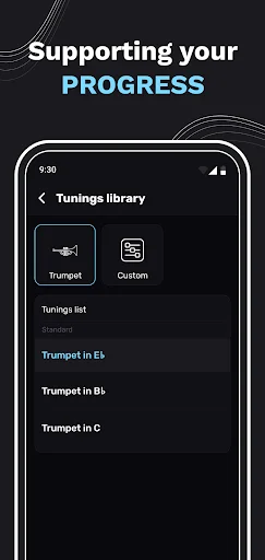 Tunings library screen with Trumpet and Custom tuning tabs listing preset tunings for different trumpet types