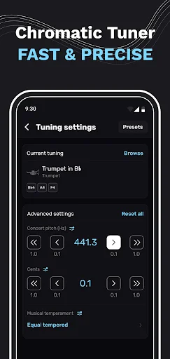 Tuning settings panel with advanced pitch correction controls, frequency adjustment at 441.3 Hz, and temperament options