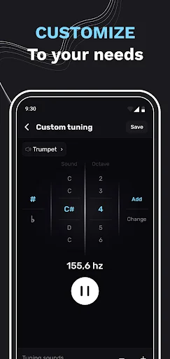 Custom tuning interface with note selection grid and frequency display showing 155.6 Hz for personalized tuning
