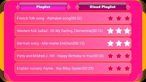 Unicorn Piano playlist screen showing French, Western, German, and English songs with star ratings for learning piano