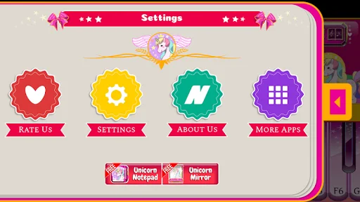 Unicorn Piano settings menu with colorful icons for Rate Us, Settings, About Us, and More Apps on magical background