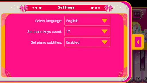 Piano app configuration screen with language selection, piano keys count, and subtitles settings options
