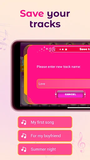 Save and name piano recordings. Shows saved tracks list: 'My first song', 'For my boyfriend', 'Summer night' for playback.
