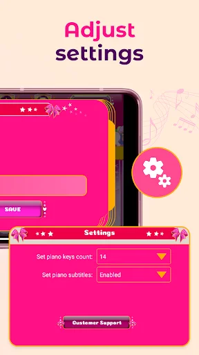 Unicorn Piano settings menu with adjustable options for key count, subtitle display, and customer support for piano learning.
