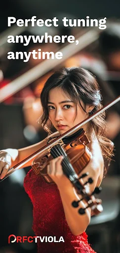 Violist tuning viola with text 'Perfect tuning anywhere, anytime' promoting Perfect Viola Tuner app