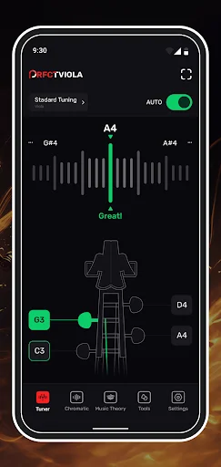 Perfect Viola Tuner app displaying Standard tuning mode with frequency meter showing green 'Great!' indicator and chromatic tuner interface