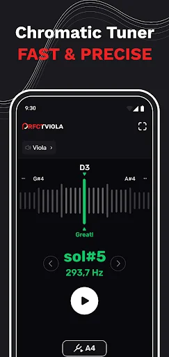 Chromatic Tuner feature showing fast and precise D3 note tuning at 293.7 Hz with visual frequency meter and play button