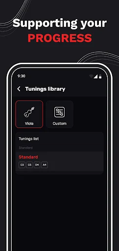 Tunings Library screen showing Viola and Custom tuning options with Standard tuning presets including D4 and A4 notes