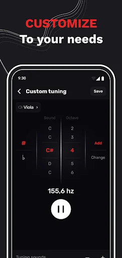 Custom Tuning interface allowing note selection with frequency display at 155.6 Hz and pause control for personalized viola tuning