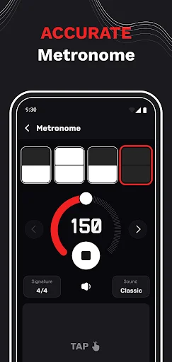 Accurate Metronome feature displaying 150 BPM tempo with 4/4 time signature and tap button for rhythm practice