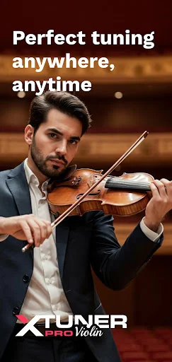 Perfect Violin Tuner app intro screen featuring professional violinist with 'Perfect tuning anywhere, anytime' tagline