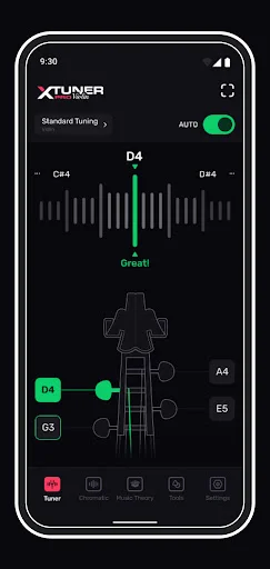 Chromatic violin tuner interface showing D4 note detection, frequency waveform visualization, auto-tuning toggle, and violin diagram