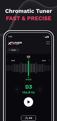Fast and precise chromatic tuner displaying D3 note at 146.8 Hz with real-time frequency feedback and waveform analysis