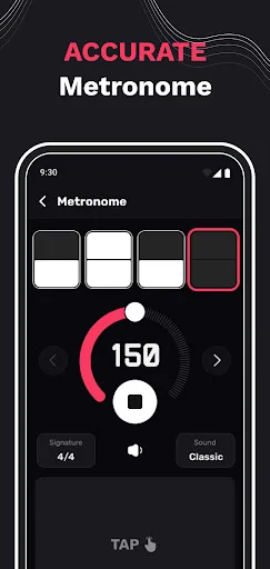 Accurate metronome feature showing 150 BPM tempo, 4/4 time signature, classic sound option, and tap-to-play button