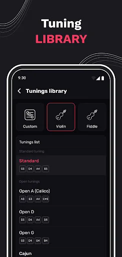 Tuning library interface with preset options including Standard, Open D, Open G, Cajon, and custom tuning tabs
